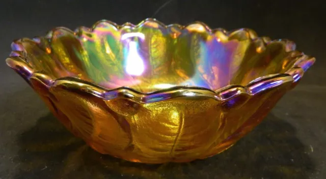 Vintage Scalloped Embossed Flower & Leaves Irid Amber Carnival Glass Footed Bowl