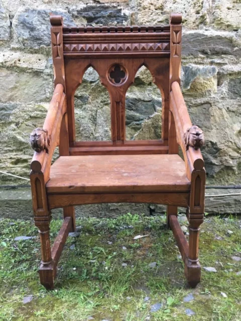 Fine Carved Neo Gothic Cathedra Library Desk English Church Chapel Throne Chair