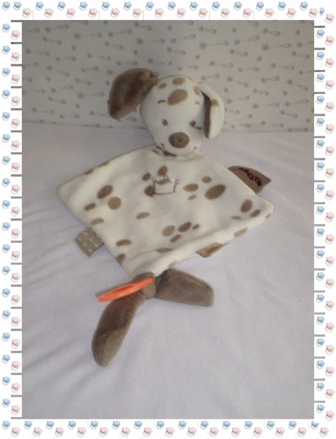 O - Doudou  Semi Plat Chien Max Blanc Marron Taches Attache Sucette Nattou