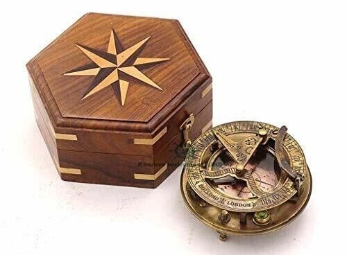 Nautical Marine Vintage 4" Dollond London Brass Sundial Compass With Wooden Box