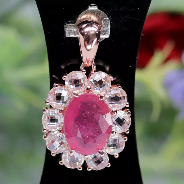 7 X 10 Mm. Ovale Rubis Rouge & Blanc Zircone Pendentif 925 Argent Sterling