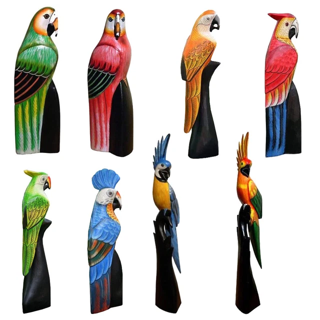 Wogeka Holz PAPAGEI Handarbeit Tier Vogel bemalt Statue Figur Deko Kakadu Ara