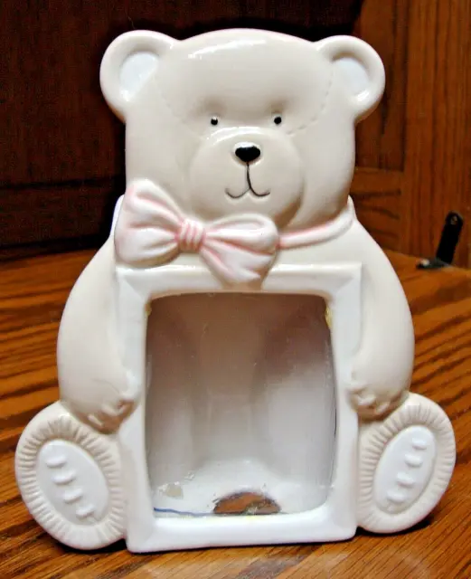 PHOTO FRAME Teddy Bear Ceramic Pink Bow Nursery Decor for 2.5"x3" Picture    B22