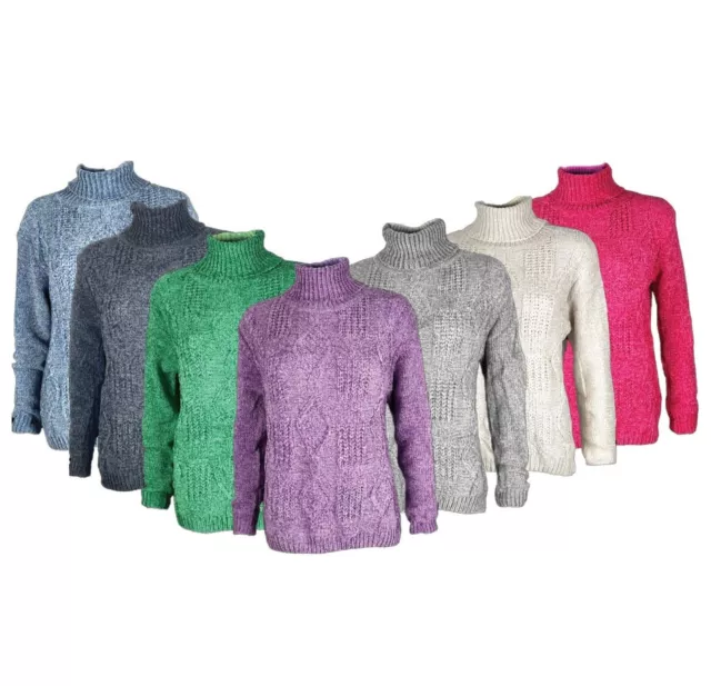 Ladies Women Cable Knit Roll Neck Jumper Italian