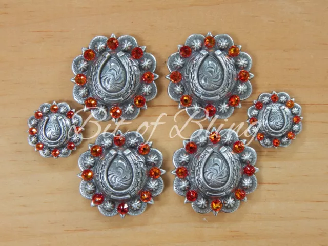 Fire Opal Antique Silver Round Berry Horseshoe Saddle Concho Set Horse Tack