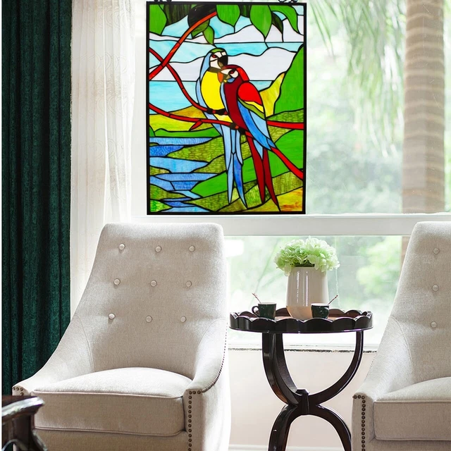 25"x18" Stained Glass Window Macaw Parrot Birds Tiffany Style Window Panel