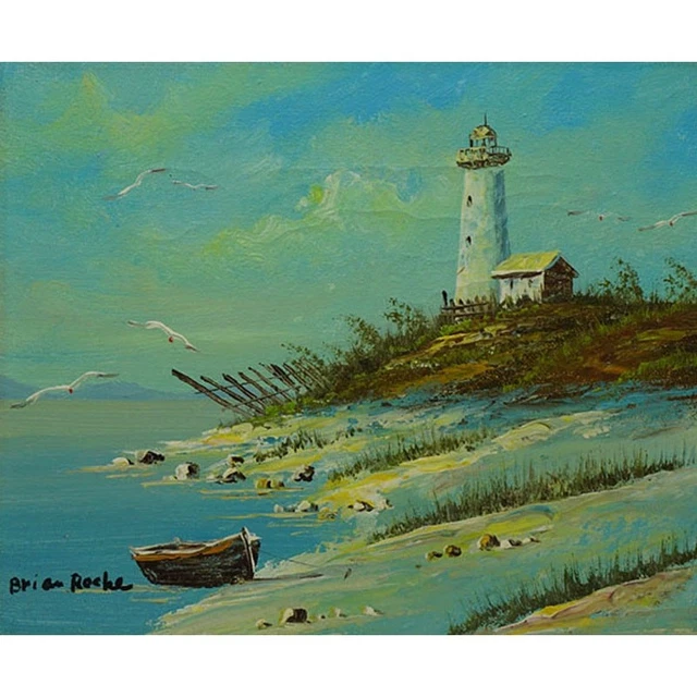 MID CENTURY OIL Painting on Canvas Beach Scene Lighthouse Signed $153. ...