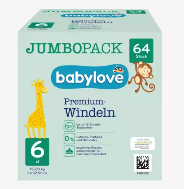 ✅ Babylove Windeln Premium Gr.6, XXL ,15-20 kg, Jumbo Pack, 64 Stück Pants ✅