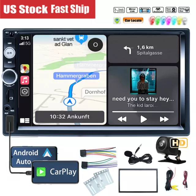 Double Din 7" Car Stereo Android/Apple Carplay Radio Touch Screen Player+ Camera