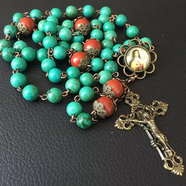 Red Carnelian Beads & Howlite Catholic Rosary Antiqued Bronze Crucifix Necklace 3