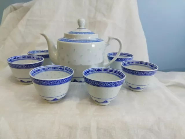 Vintage Chinese Blue White Porcelain Rice Eye Grain Jingdezhen Tea Set