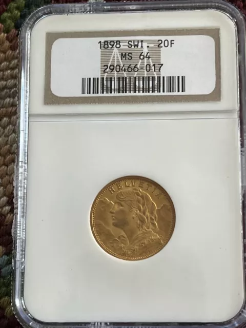 1898-B Swiss Gold 20 Francs Helvetia Switzerland NGC MS64