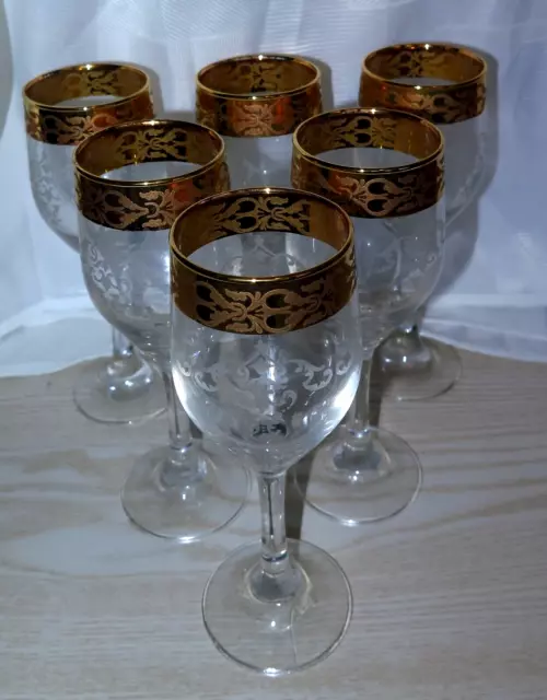 6 Vintage gold Rimmed crystal Etched Cristallaria Fratelli Fumo wine glasses