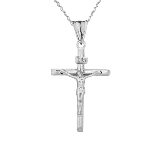 Solid 14k White Gold Dainty Crucifix Cross (INRI) Pendant Necklace