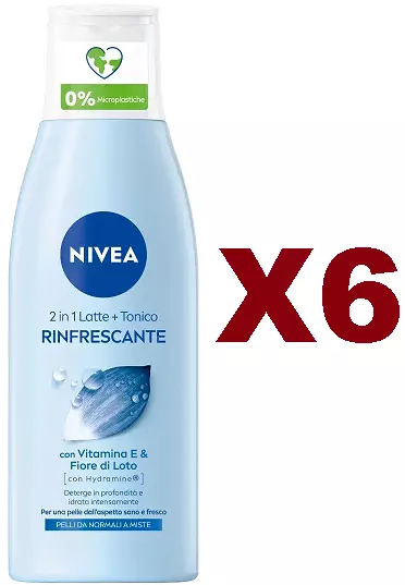 6 Pz Nivea 2In1 Latte + Tonico Rinfrescante Con Vitamina E 200Ml Pelli Normali