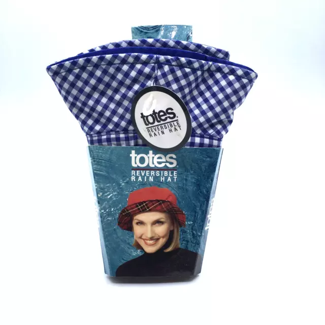 Totes Reversible Rain Bucket Hat Water Repellent Blue Gingham Tan OSFM New