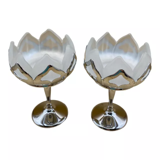 Chrome Farber Bros Pair Frosted Glass Lotus Compote Art Deco Westmoreland 6.5"