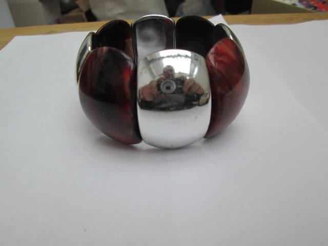 Elasticated Bracelet With Large Silver And Brown Beads