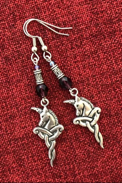 Unicorn Beaded Earrings Celtic Endless Knot Medieval SS Hooks Silver Pewter