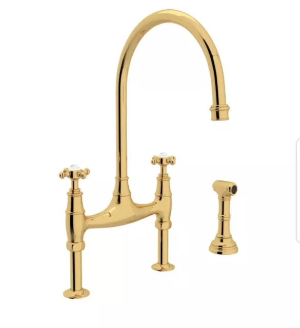 Perrin Rowe U.4718X-EG-2 Widespread Bridge Kitchen Faucet Spray English Gold New