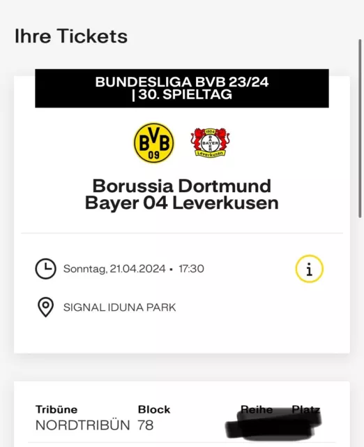 1 Ticket BVB Borussia Dortmund - Bayer Leverkusen; Nord-Tribüne Block 78