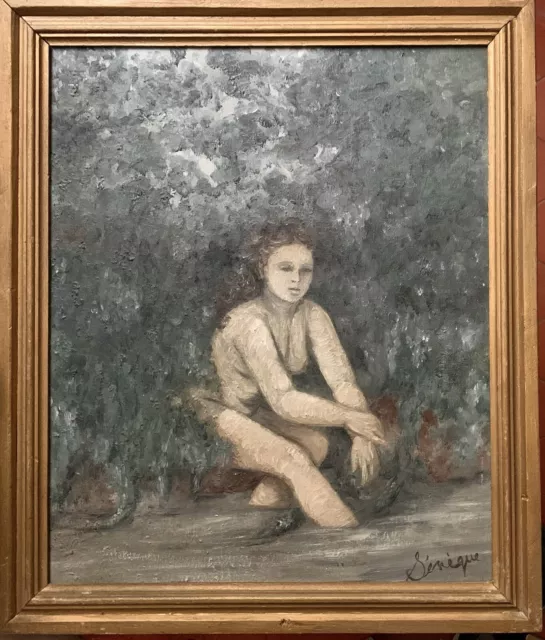 Ancien tableau huile scène de genre animé femme nue rivière foret signé Sénèque