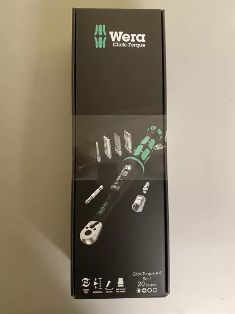 Wera Click-Torque A 6 Set 1, 20-tlg 2,5-25Nm 1/4 Zoll Drehmomentschlüssel-Set.