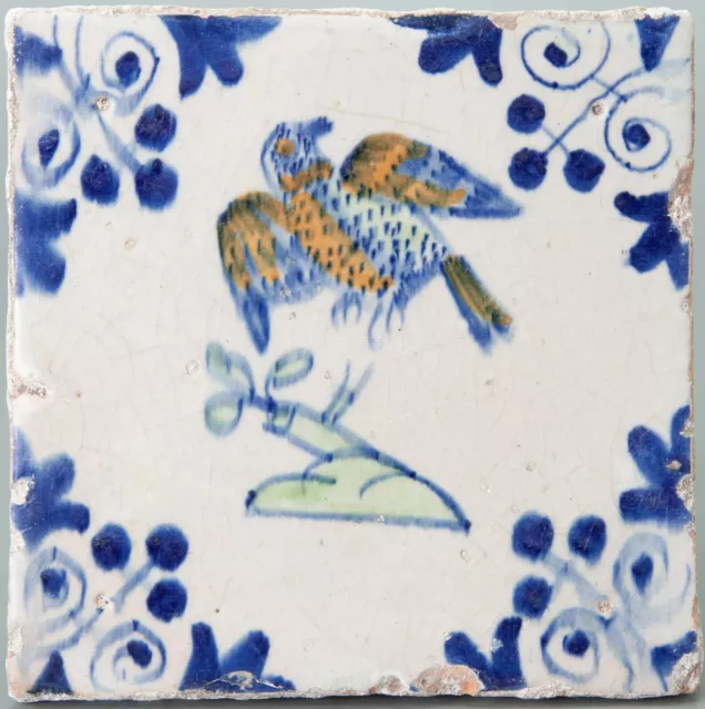 Nice Dutch Delft polychrome tile, bird, 17th. century.