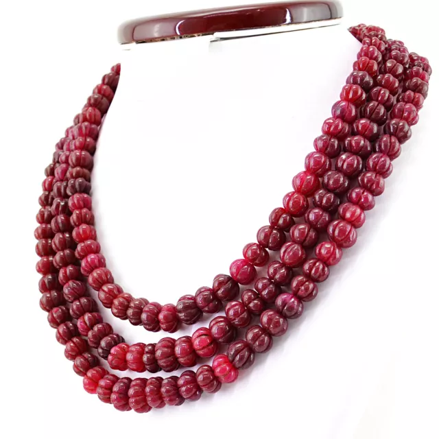 Genuine Red Ruby 932.50 Cts Earth Mined 3 Strand Round Carved Beads Necklace