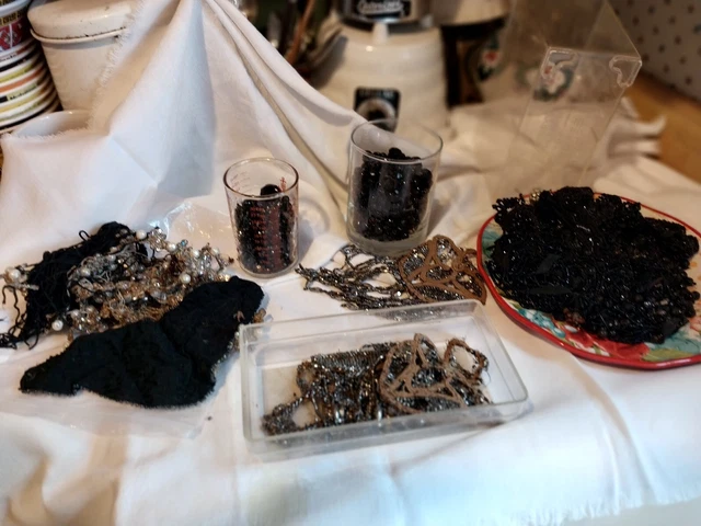Antique Victorian Jet Black Glass Steel Applique Mourning Beads Lot