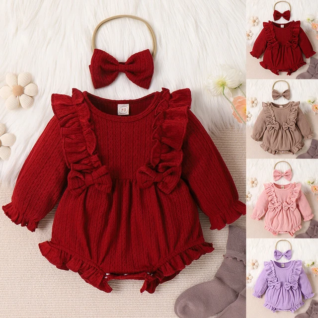 Newborn Baby Girl Solid Long Sleeve Pullover Bodysuit Cute Bow Headband 2PCS Set