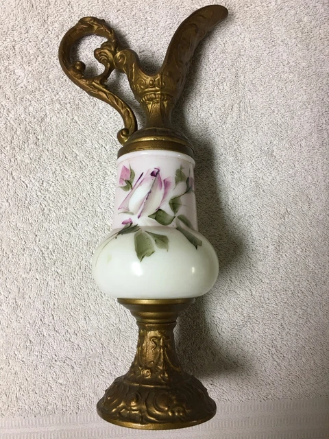 Vintage Decorative Ornate Brass & Ceramic Jug Pitcher Hand Painted Roses EUC!!