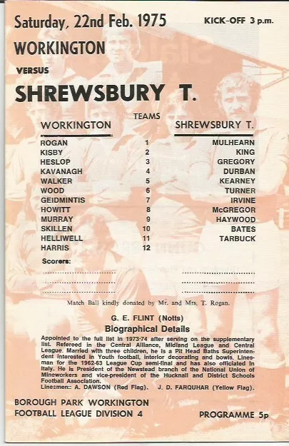 1974/75 Workington v Shrewsbury Town League