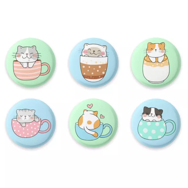 Set of 6 Cats in Coffee Mug Cup 1 Inch Magnets for Fridge Whiteboard Kitchen