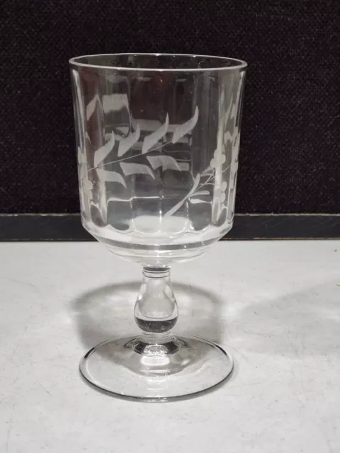 EAPG Goblet Water Wine Glass Ribbed Etched Leaves and Berries Circa 1880s