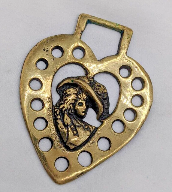 Brass Horse Medallion Vintage English Pierced Heart Lady Plume Hat Show Parade