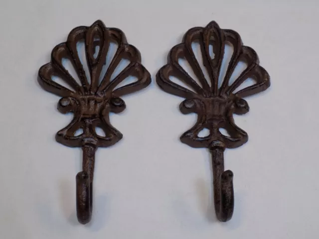 Pair of 2 Black Cast Iron Wall Decor Coat Hook Shell Rustic Old Design Lot Set 2
