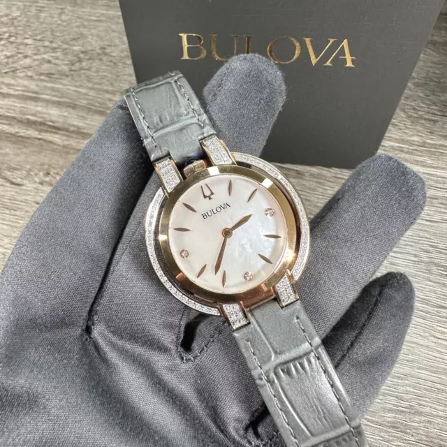 NEW✅ DIAMOND✅ Bulova Ladies Rubaiyat Grey Leather Strap Watch 35MM 98R268 $1,395