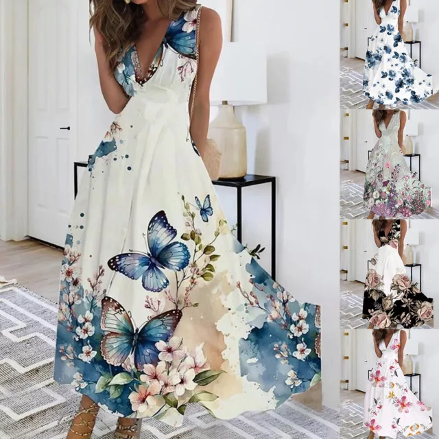 Women V-Neck Boho Floral Maxi Long Dress Ladies Summer Holiday Party Sundresses