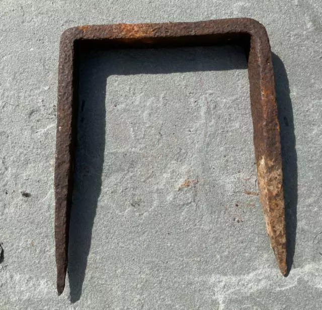 Primitive Antique WROUGHT IRON STAPLE Hand Forged Stake Vintage Rustic Barn Find