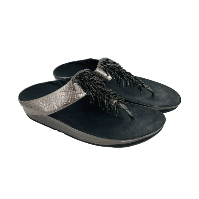 FITFLOP Cha Cha Women Wedge Sandals Size 11 Beaded Black Metallic Bronze 336-289