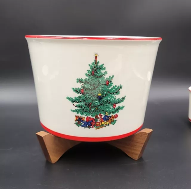 Taylor Smith & T HOLLY & SPRUCE (RED) Punch Bowl Set, Wood Stand, & 8 Cup EXC 2