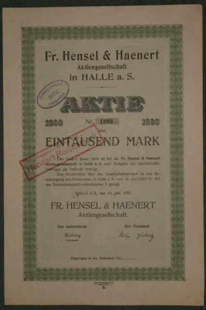Fr. Hensel & Haenert Aktiengesellschaft 1922 1000 Mark
