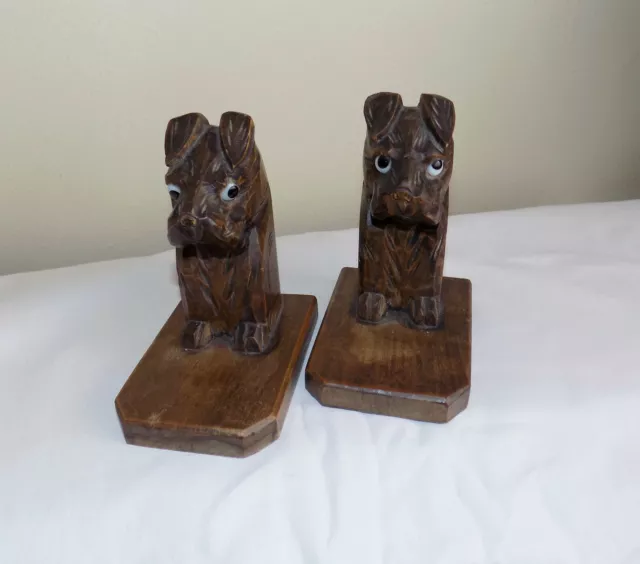 Beautiful Vintage Carved Wooden Dog Bookends with Glass Eyes Black Forest?