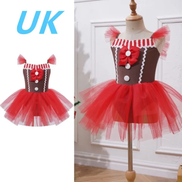 UK Kids Girls Christmas Gingerbread Man Costume Xmas Party Santa Tutu Dress