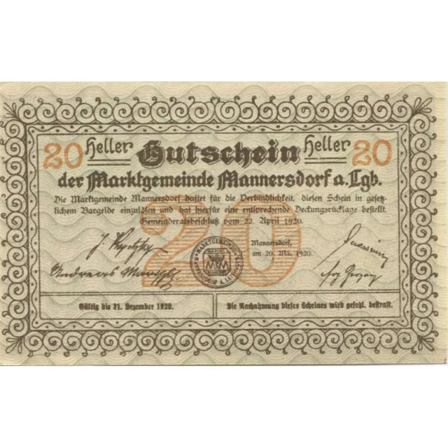 [#283266] Banknote, Austria, Mannersdorf, 20 Heller, ruine, 1920, UNC Mehl:FS