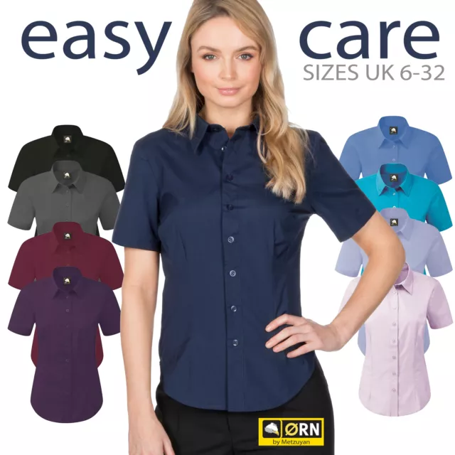 ORN Ladies Womens Essential Short Sleeve Button Up Work Shirt Office Blouse Red