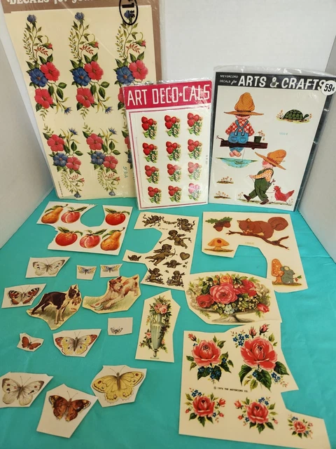 Vintage Meyercord Art Deco~cals waterslide decals flower dogs butterflies misc