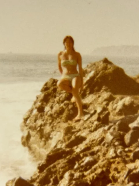 1U Photograph Beautiful Woman Bikini Posing On Rocks Ocean Laguna Beach 1978