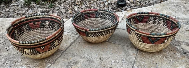 Lot of 3 Handmade African Hausa Coiled Grass Woven Tribal Nigeria Baskets 11"